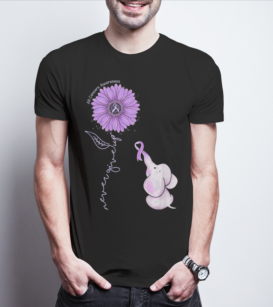 Never Giving Up All Cancers Awareness Sunflower Elephant T-Shirt