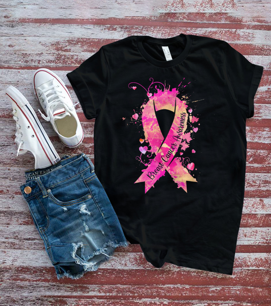 Breast Cancer Awareness Pink Ribbon Hearts And Splash T-Shirt