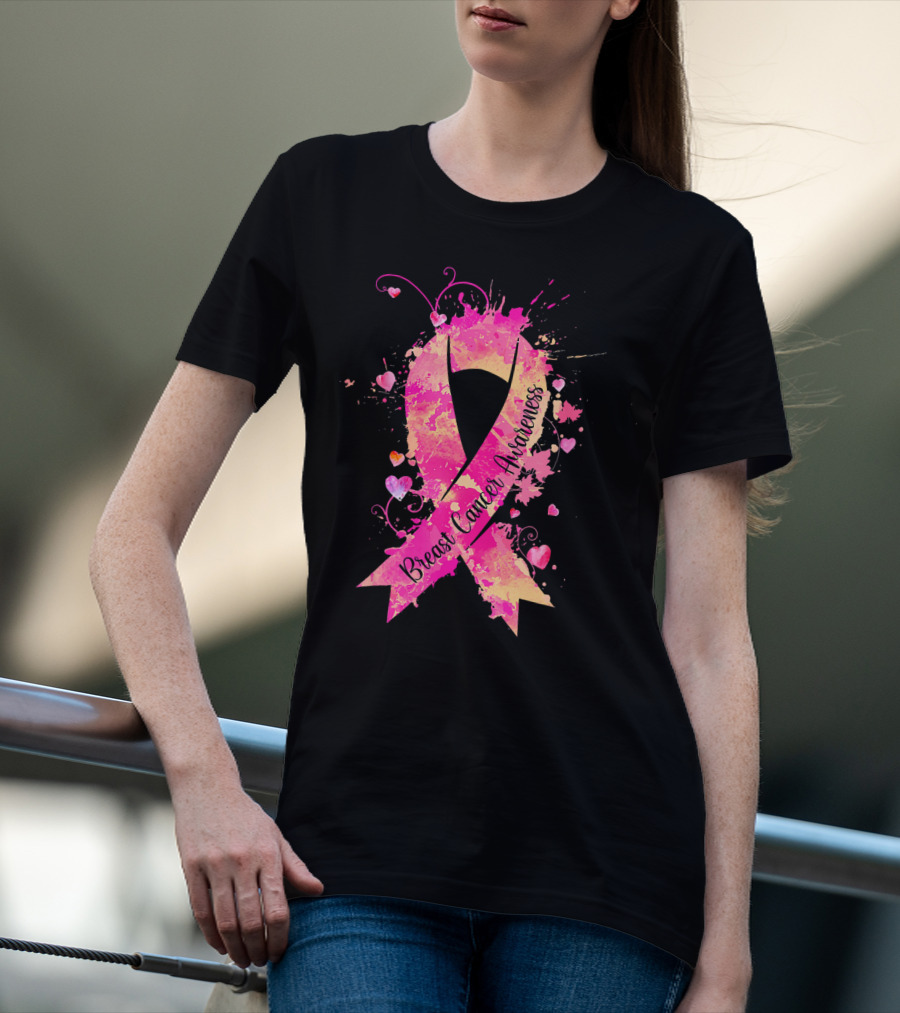 Breast Cancer Awareness Pink Ribbon Hearts And Splash T-Shirt