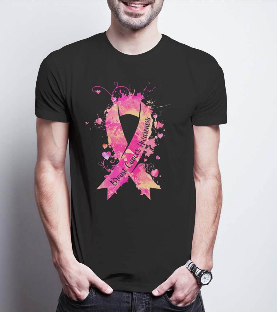 Breast Cancer Awareness Pink Ribbon Hearts And Splash T-Shirt