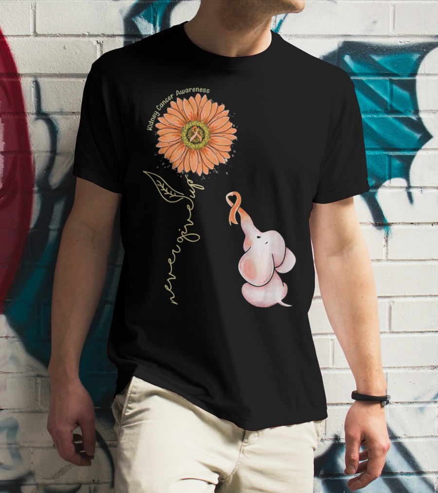 Kidney Cancer Awareness Sunflower Elephant Never Give Up T-Shirt