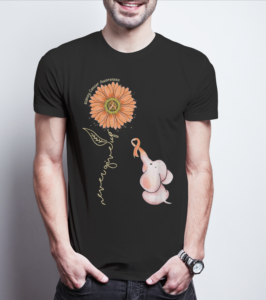 Kidney Cancer Awareness Sunflower Elephant Never Give Up T-Shirt
