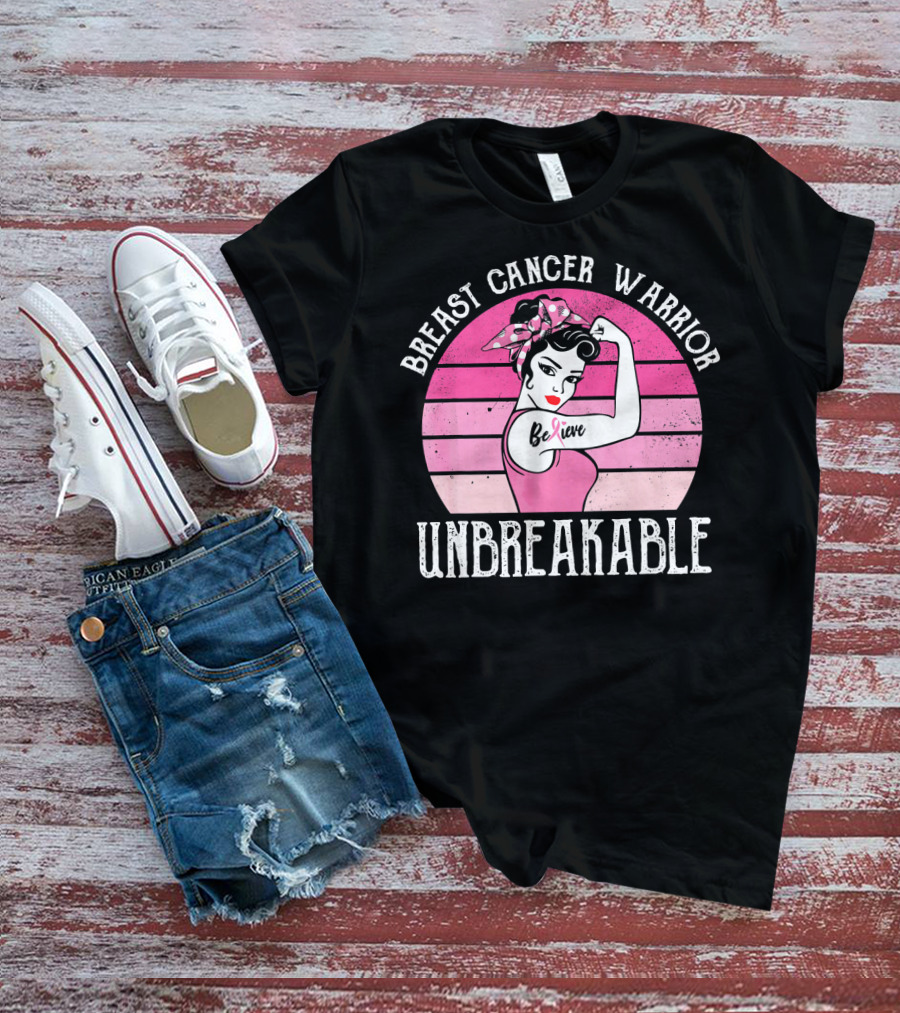 Breast Cancer Warrior Believe Unbreakable Retro Sunset T-Shirt