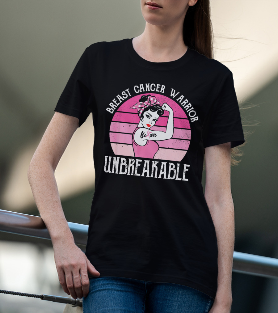 Breast Cancer Warrior Believe Unbreakable Retro Sunset T-Shirt