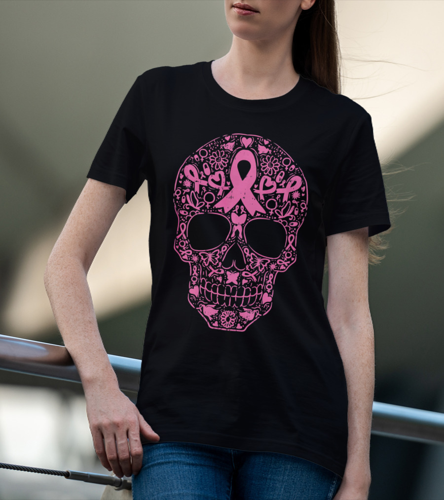 Sugar Skull Pink Ribbon Breast Cancer Awareness Calavera T-Shirt