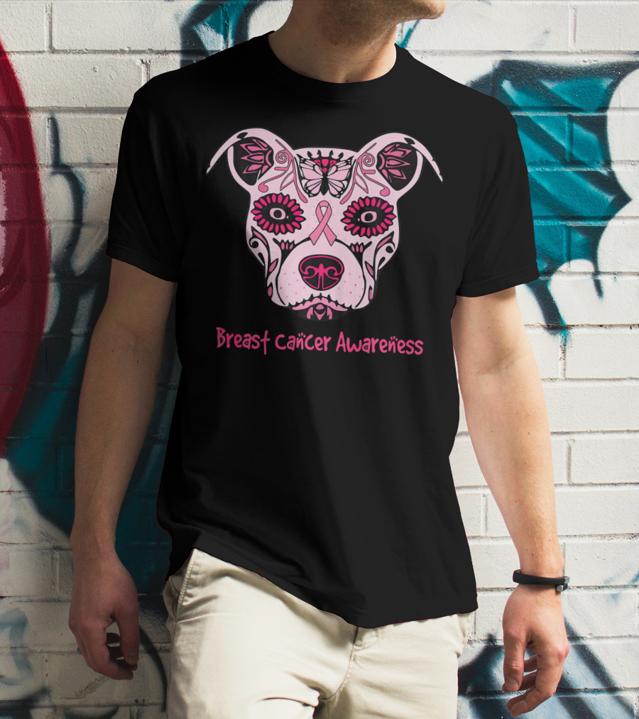 Sugar Pitbull Dog Breast Cancer Awareness Pink Ribbon T-Shirt