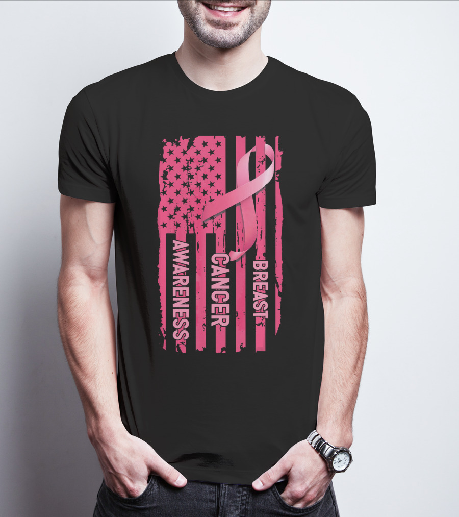 American Flag Pink Ribbon Breast Cancer Awareness T-Shirt