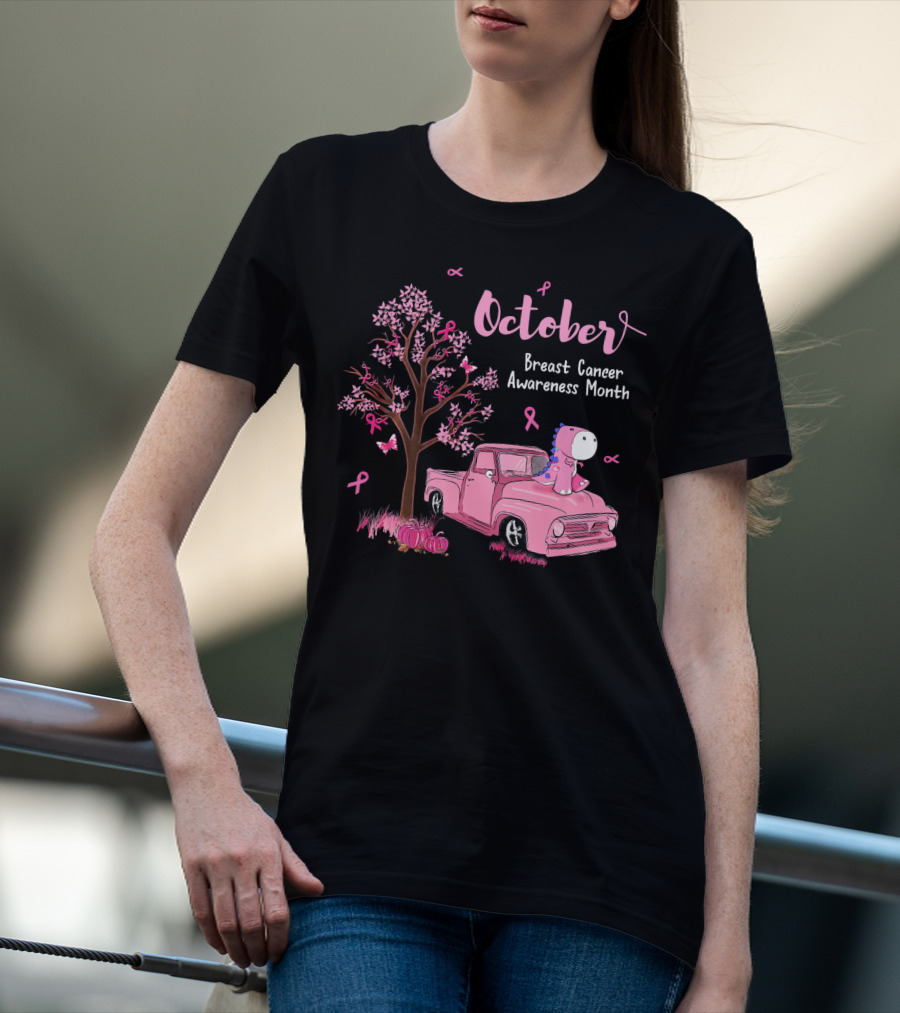 October Pink Ribbon Pumpkin Truck Dinosaur Breast Cancer Awareness Month T-Shirt