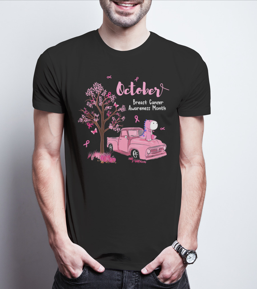 October Pink Ribbon Pumpkin Truck Dinosaur Breast Cancer Awareness Month T-Shirt