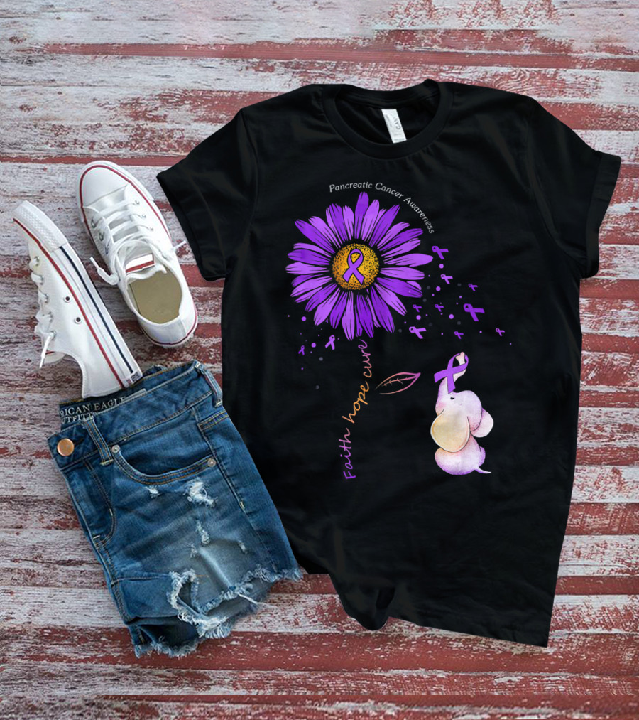 Faith Hope Cure Purple Daisy Flower Pancreatic Cancer Awareness T-Shirt