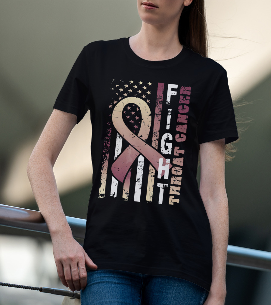 Fight Throat Cancer Awareness Ribbon American Flag T-Shirt