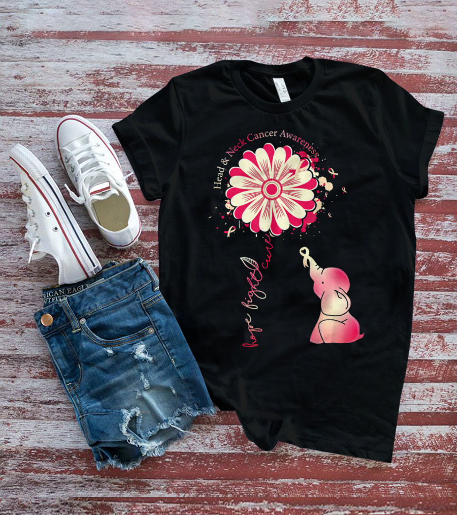 Head And Neck Cancer Awareness White And Burgundy Ribbon Hope Fight Cure Elephant Flower T-Shirt