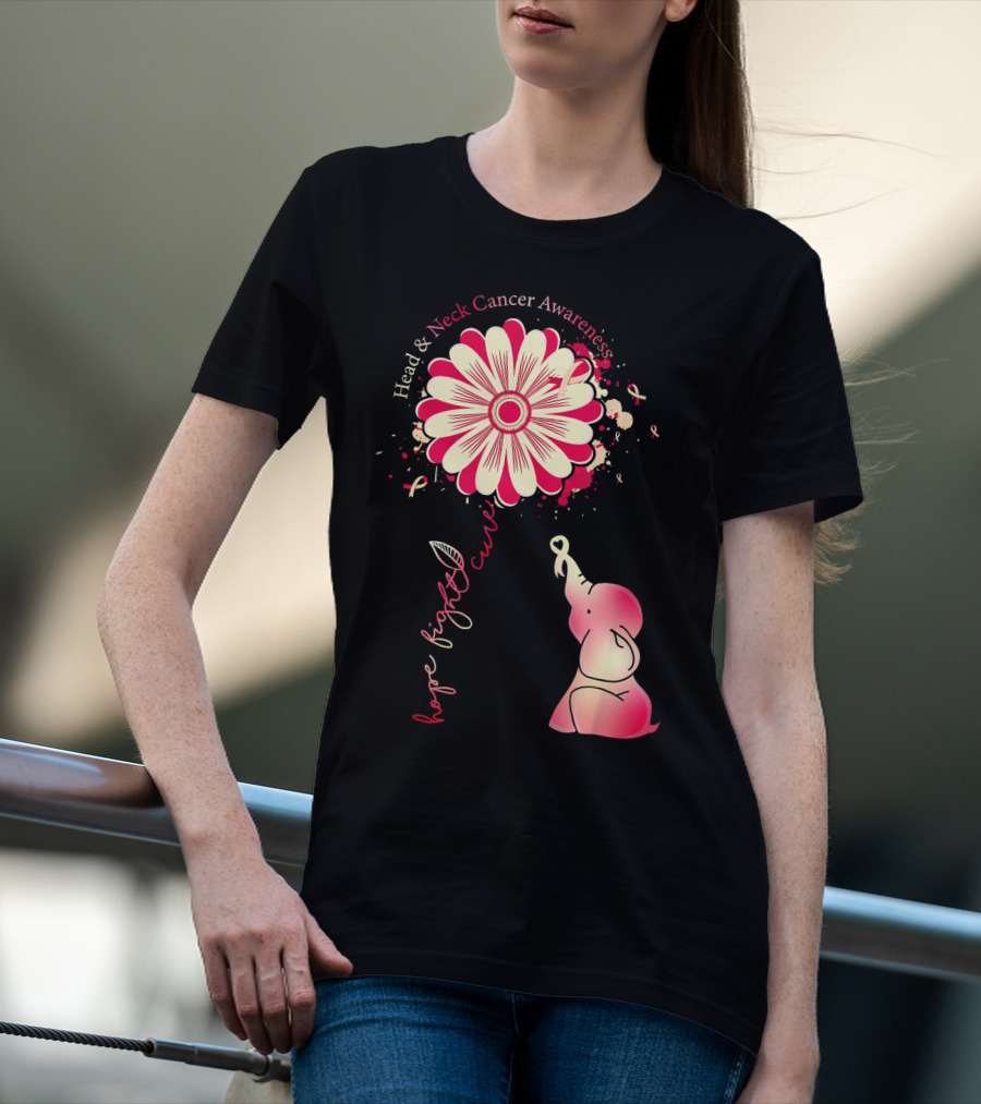 Head And Neck Cancer Awareness White And Burgundy Ribbon Hope Fight Cure Elephant Flower T-Shirt