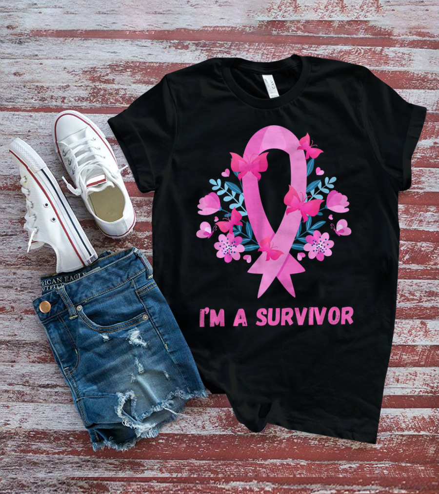 I'm A Survivor Pink Ribbon Butterfly Floral Breast Cancer T-Shirt