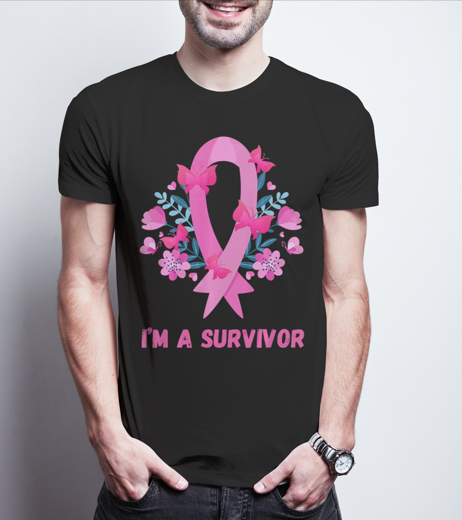 I'm A Survivor Pink Ribbon Butterfly Floral Breast Cancer T-Shirt