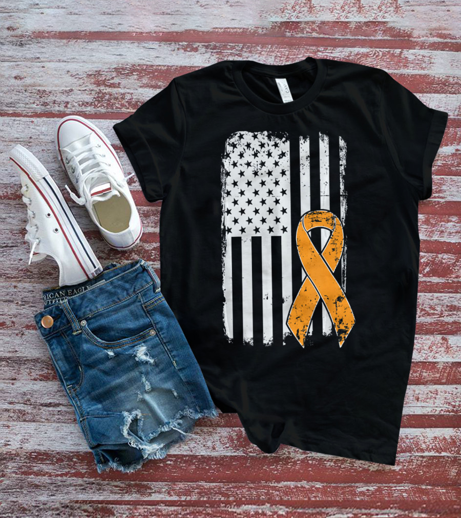 Leukemia Cancer Awareness Vintage US Flag Orange T-Shirt