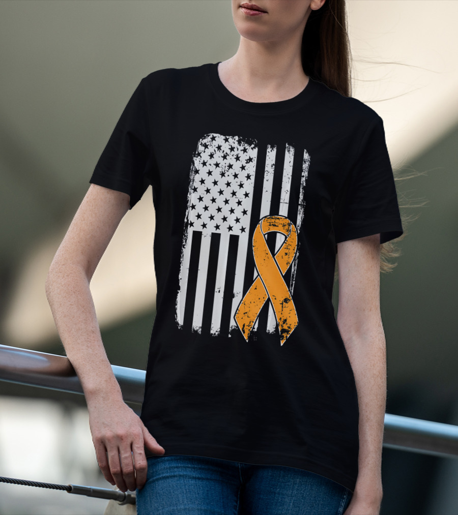 Leukemia Cancer Awareness Vintage US Flag Orange T-Shirt