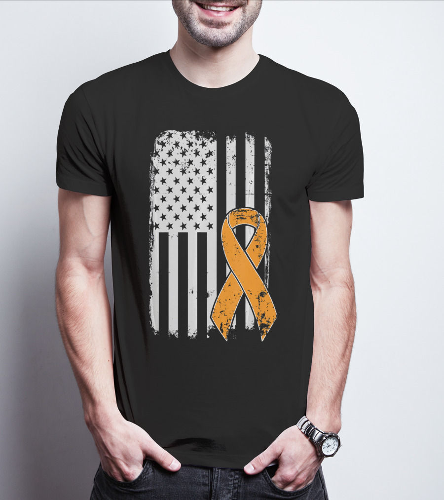 Leukemia Cancer Awareness Vintage US Flag Orange T-Shirt