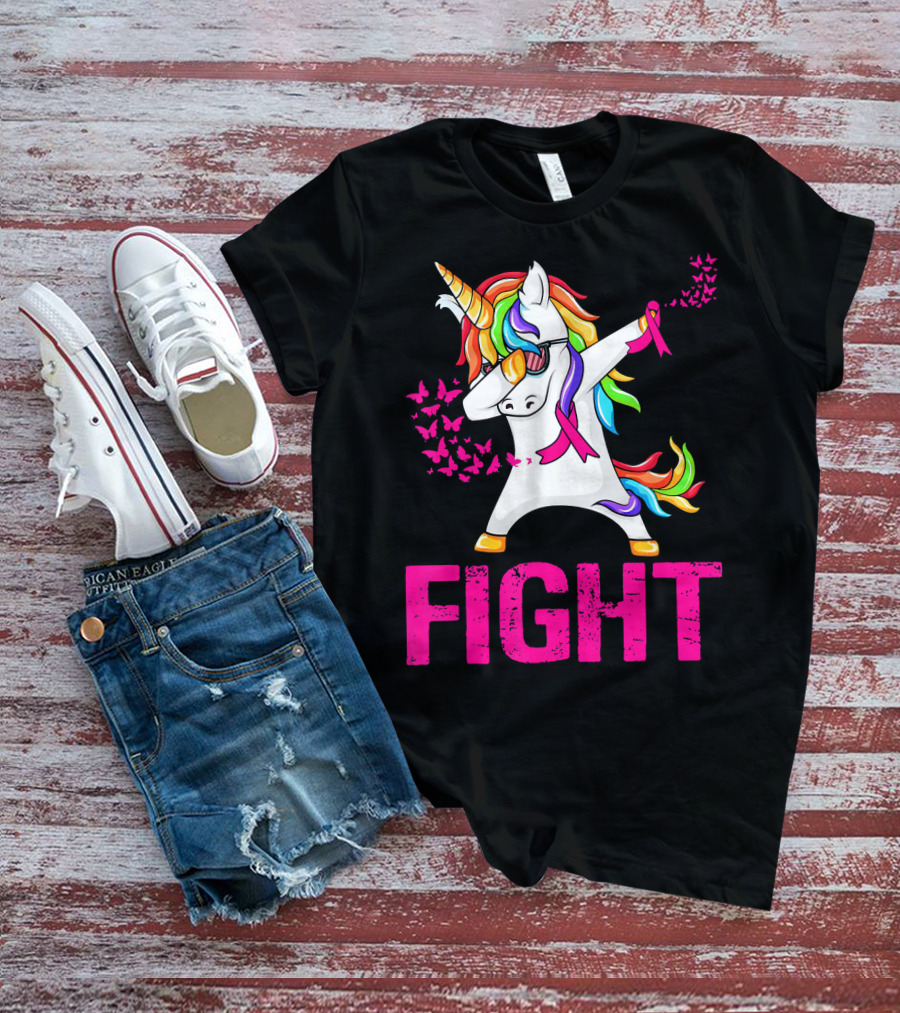 Fight Breast Cancer Awareness Unicorn Dabbing With Rainbow Mane And Butterflies T-Shirt