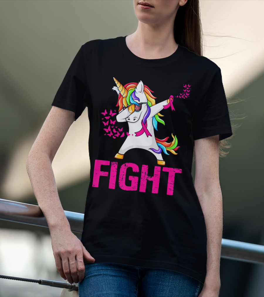 Fight Breast Cancer Awareness Unicorn Dabbing With Rainbow Mane And Butterflies T-Shirt