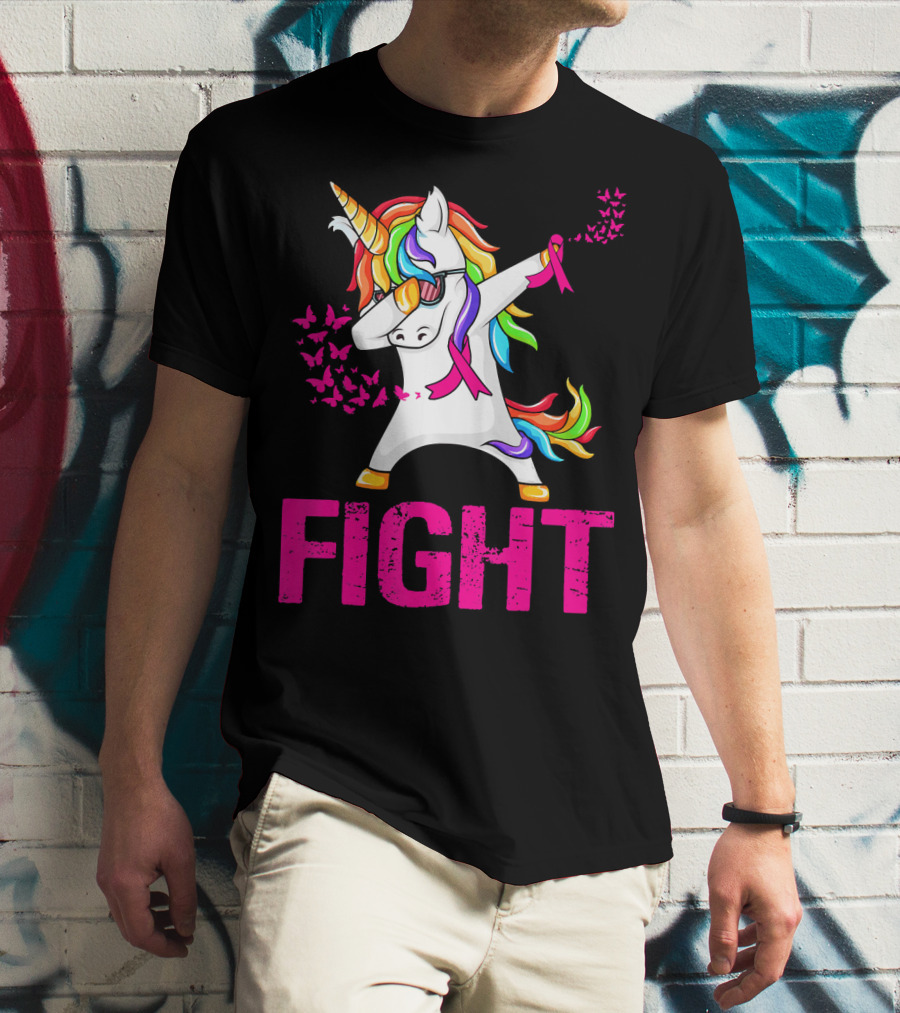 Fight Breast Cancer Awareness Unicorn Dabbing With Rainbow Mane And Butterflies T-Shirt