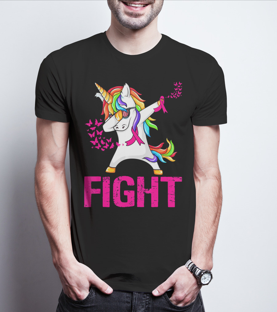 Fight Breast Cancer Awareness Unicorn Dabbing With Rainbow Mane And Butterflies T-Shirt