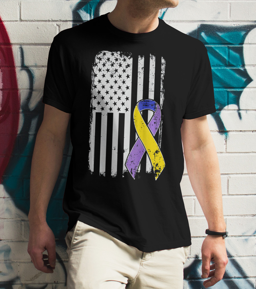 Bladder Cancer Awareness Distressed American Flag Purple Gold T-Shirt