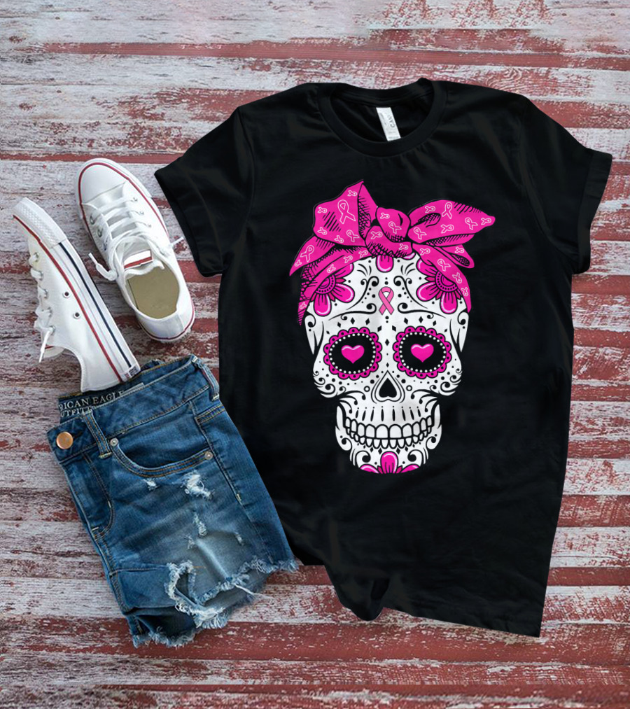 Sugar Skull With Pink Bow And Breast Cancer T-Shirt