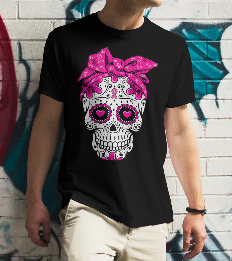 Sugar Skull With Pink Bow And Breast Cancer T-Shirt