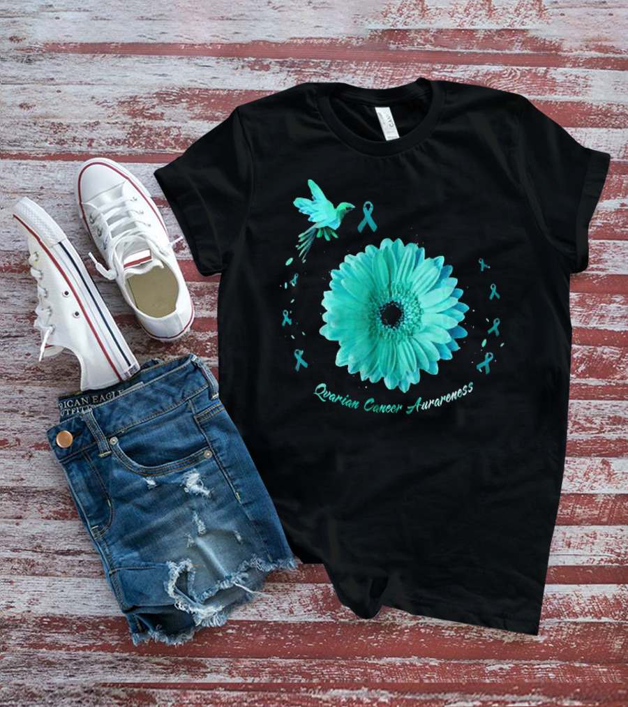 Teal Daisy Bird Ribbon Ovarian Cancer Awareness T-Shirt