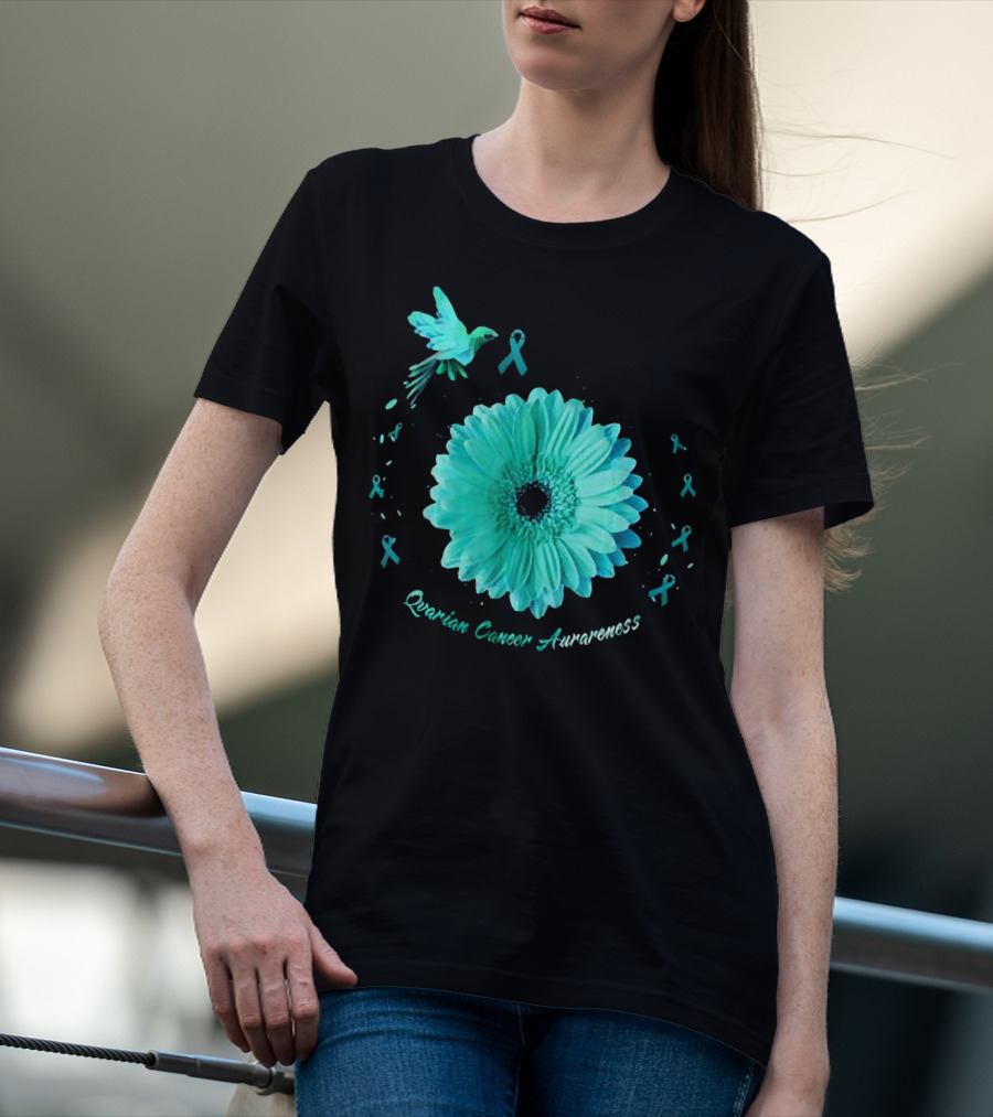 Teal Daisy Bird Ribbon Ovarian Cancer Awareness T-Shirt