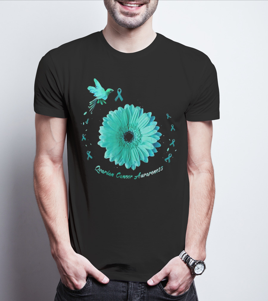 Teal Daisy Bird Ribbon Ovarian Cancer Awareness T-Shirt