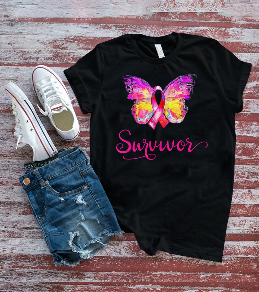 Survivor Butterfly Pink Ribbon Breast Cancer Awareness T-Shirt