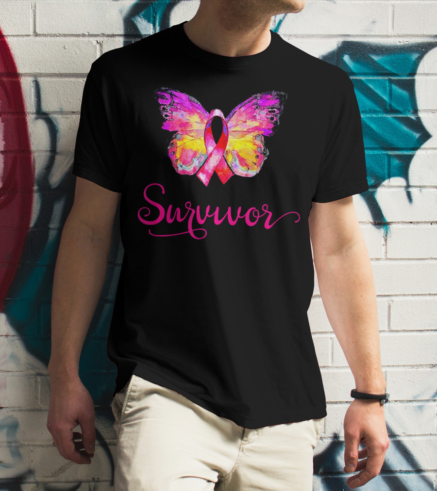 Survivor Butterfly Pink Ribbon Breast Cancer Awareness T-Shirt