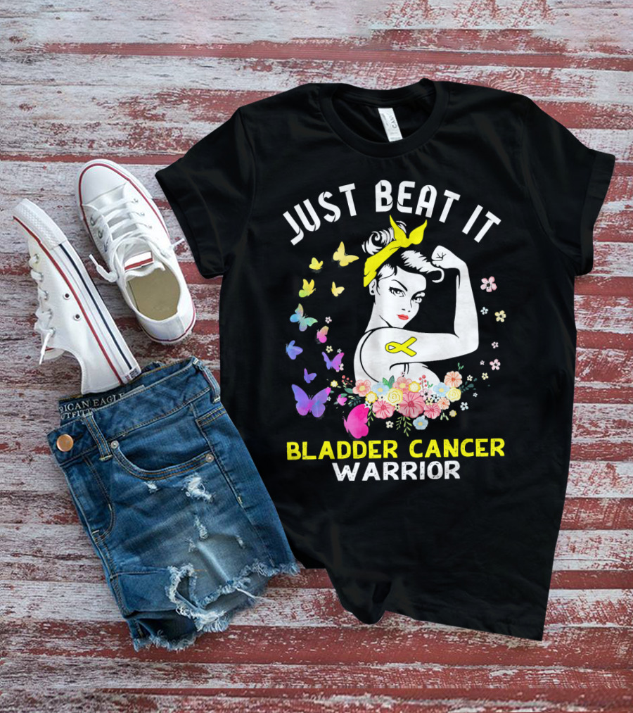 Just Beat It Bladder Cancer Warrior Butterfly Ribbon Floral Fighter T-Shirt