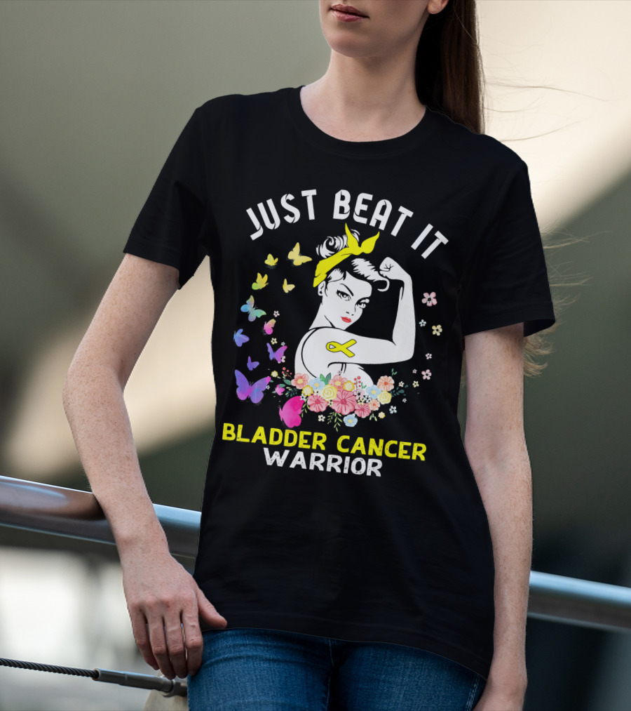 Just Beat It Bladder Cancer Warrior Butterfly Ribbon Floral Fighter T-Shirt