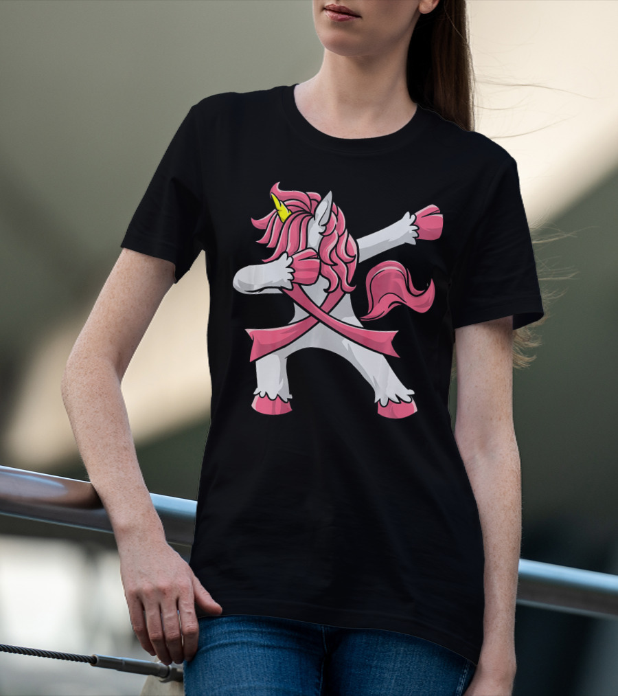 Pink Ribbon Dabbing Unicorn Breast Cancer Awareness T-Shirt