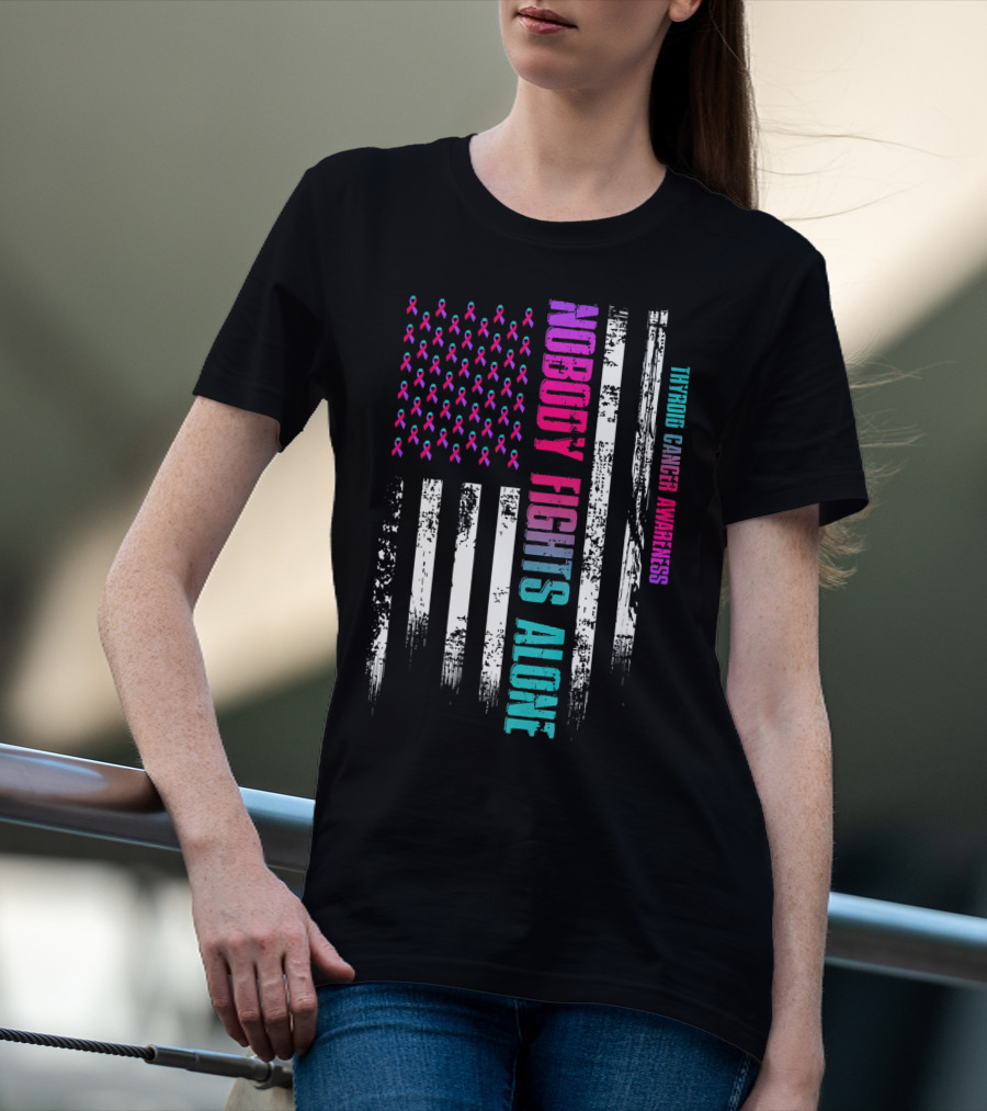 Nobody Fights Alone USA Flag Thyroid Cancer Awareness T-Shirt