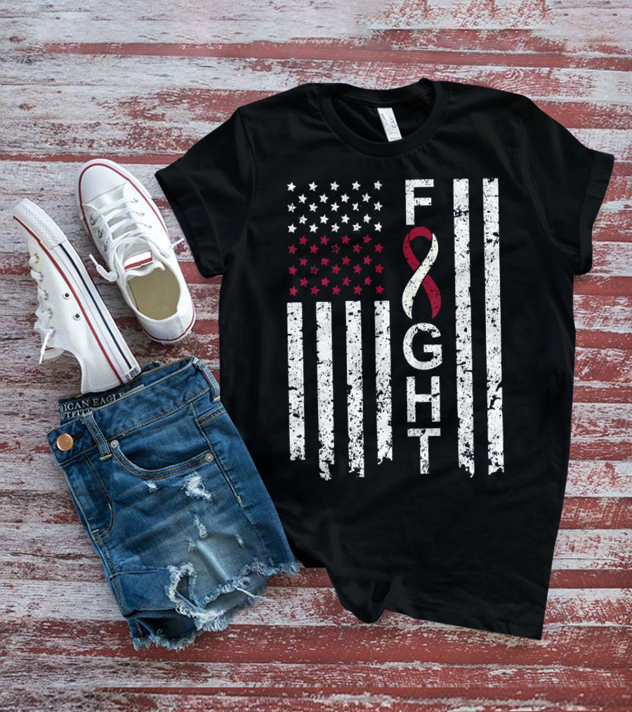 Head And Neck Cancer Awareness Fight Ribbon American Flag T-Shirt