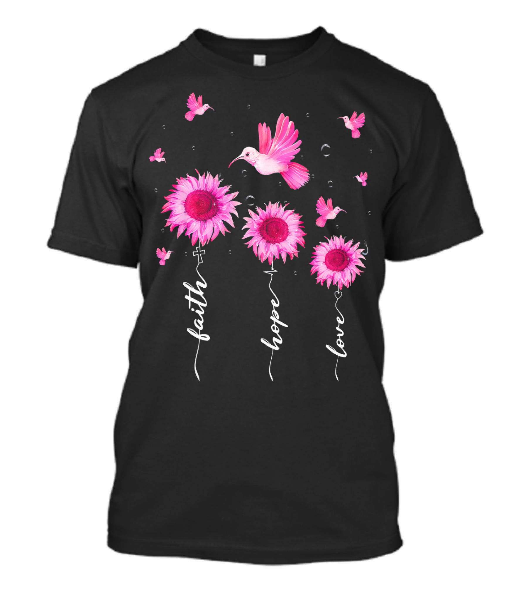Hummingbird Daisy Faith Hope Love Pink Ribbon Breast Cancer Awareness T-Shirt
