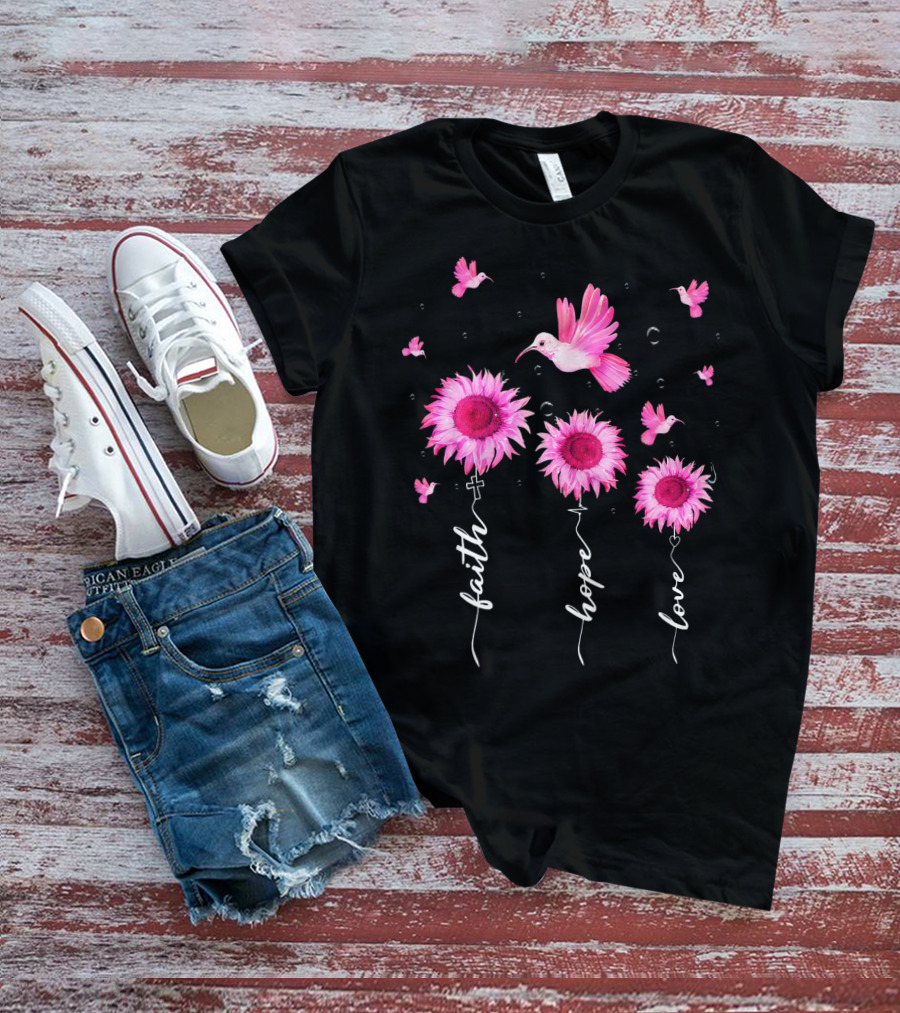 Hummingbird Daisy Faith Hope Love Pink Ribbon Breast Cancer Awareness T-Shirt