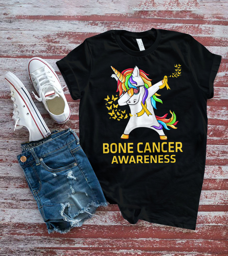 Bone Cancer Awareness Unicorn Dab With Yellow Ribbon Butterflies T-Shirt