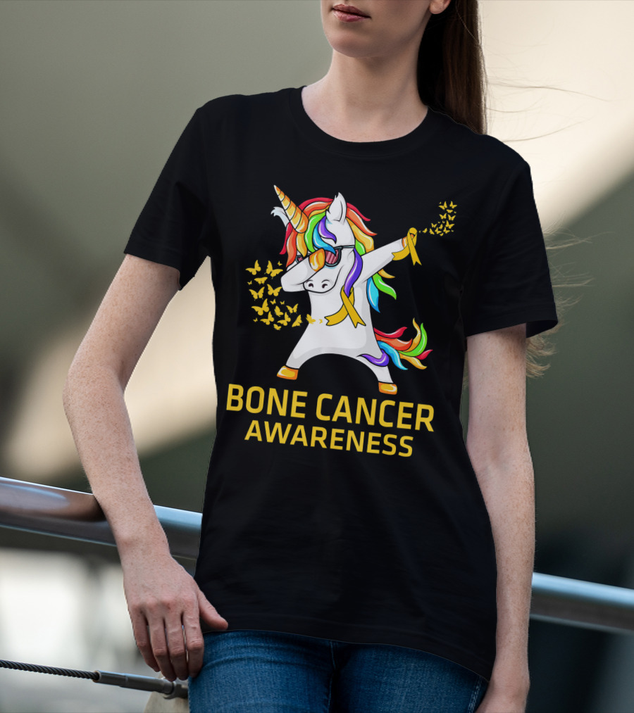 Bone Cancer Awareness Unicorn Dab With Yellow Ribbon Butterflies T-Shirt