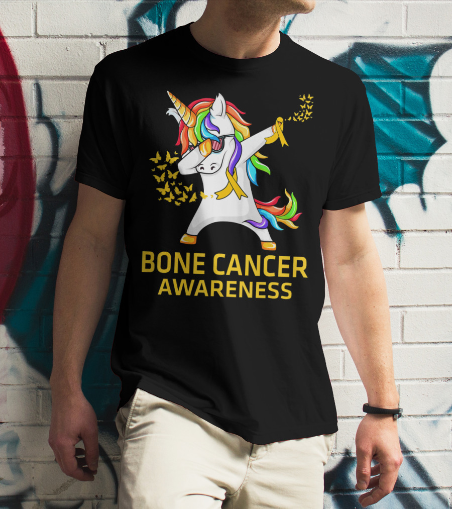 Bone Cancer Awareness Unicorn Dab With Yellow Ribbon Butterflies T-Shirt