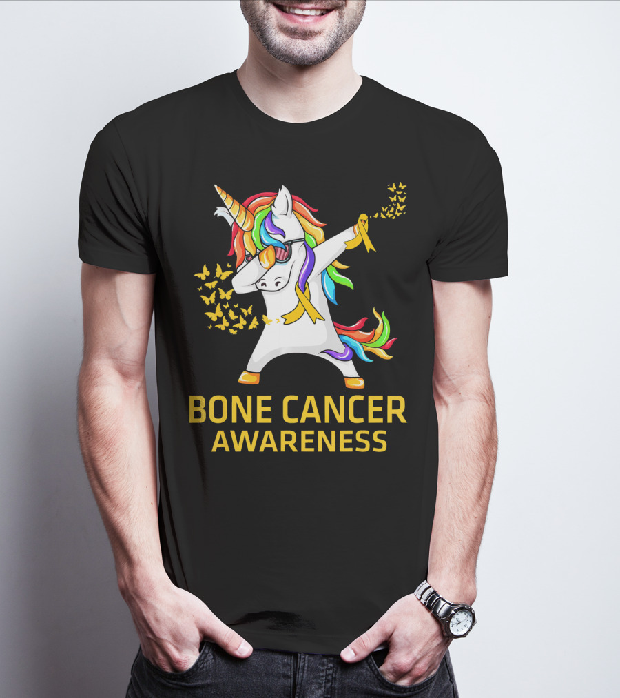 Bone Cancer Awareness Unicorn Dab With Yellow Ribbon Butterflies T-Shirt