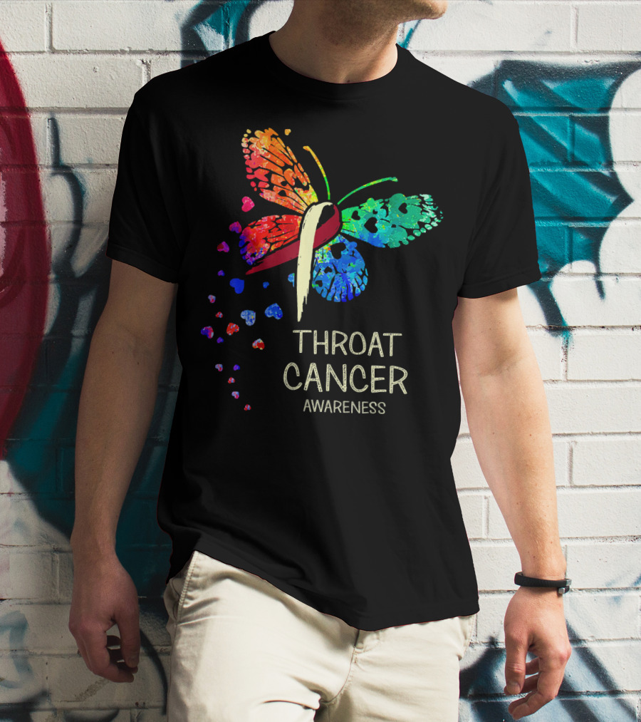 Throat Cancer Awareness Ribbon Butterfly Colorful T-Shirt