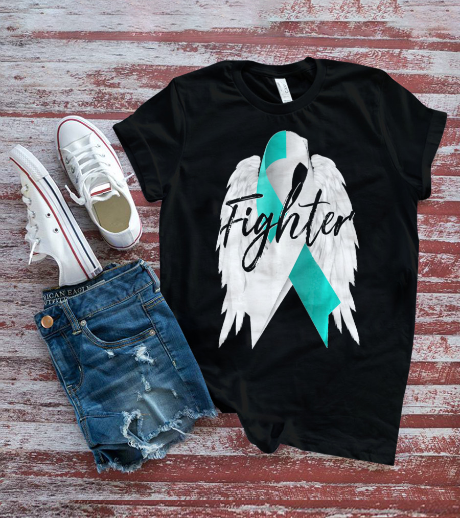 Cervical Cancer Fighter Teal Ribbon With Angel Wings T-Shirt