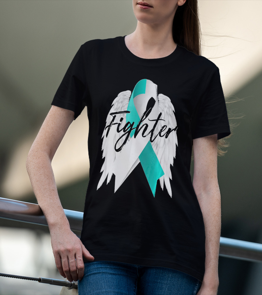 Cervical Cancer Fighter Teal Ribbon With Angel Wings T-Shirt