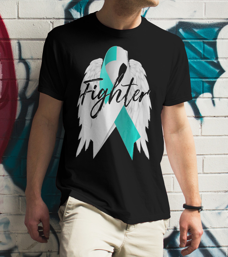 Cervical Cancer Fighter Teal Ribbon With Angel Wings T-Shirt