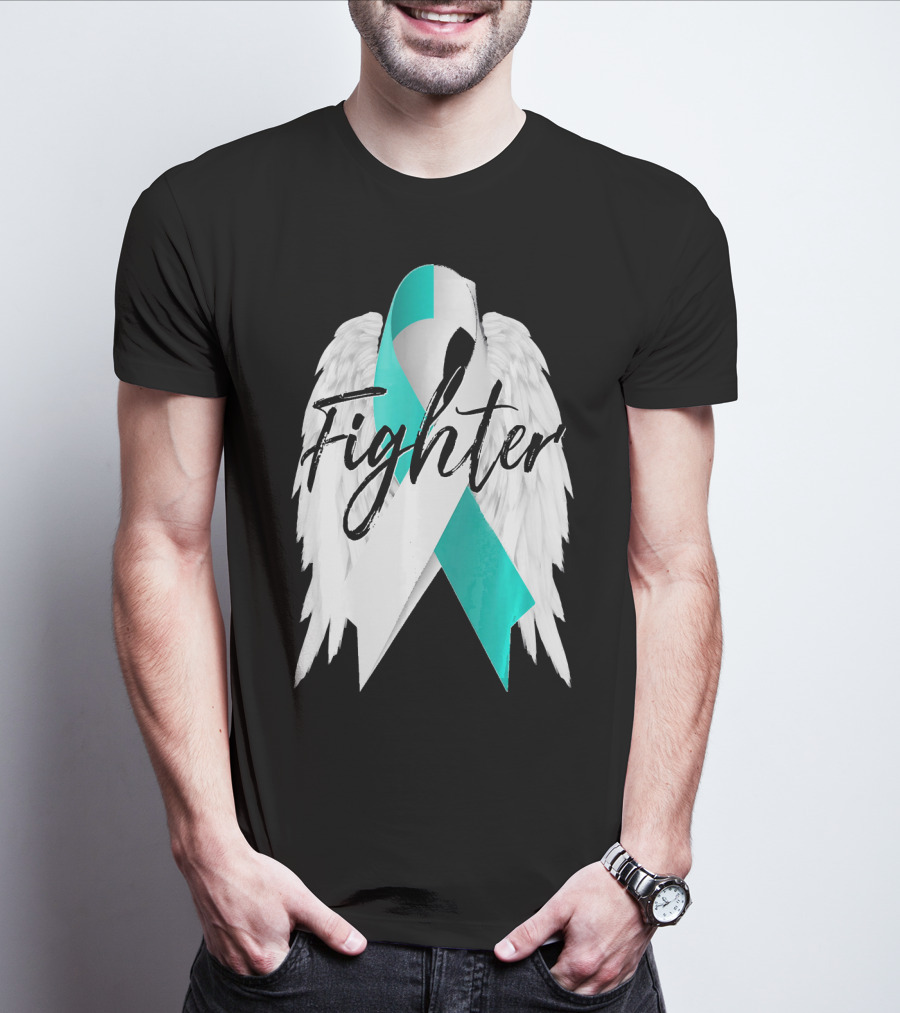 Cervical Cancer Fighter Teal Ribbon With Angel Wings T-Shirt
